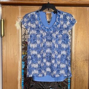 A.U.W. Womens Short Sleeve Blue Round Neck Cutout Blouse